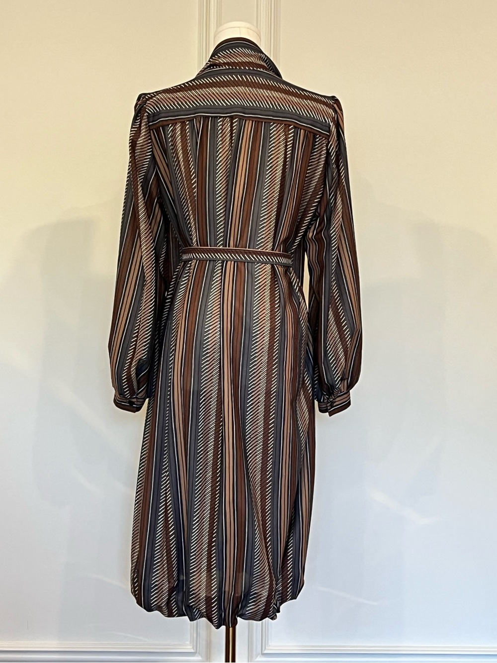 Vintage 70s Secretary Dress Brown Stripe Bow Scarf Neck Belted Blouson - Picture 7 of 8